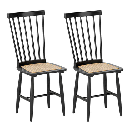 Windsor Dining Chair Set of 2 with Spindle Back and PE Rattan Seat for Kitchen-Black