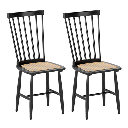 Windsor Dining Chair Set of 2 with Spindle Back and PE Rattan Seat for Kitchen-Black