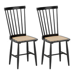 Windsor Dining Chair Set of 2 with Spindle Back and PE Rattan Seat for Kitchen-Black