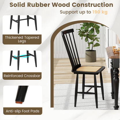 Windsor Dining Chair Set of 2 with Spindle Back and PE Rattan Seat for Kitchen-Black