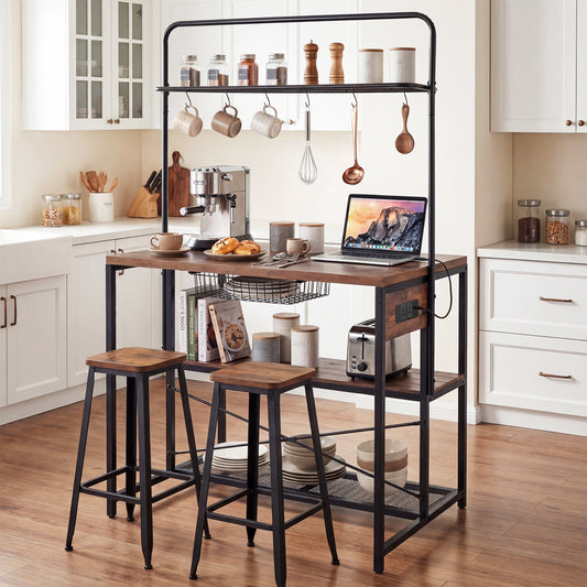 Industrial Bakers Rack Storage Island with Pull-out Basket and 6 Hooks for Home-Black