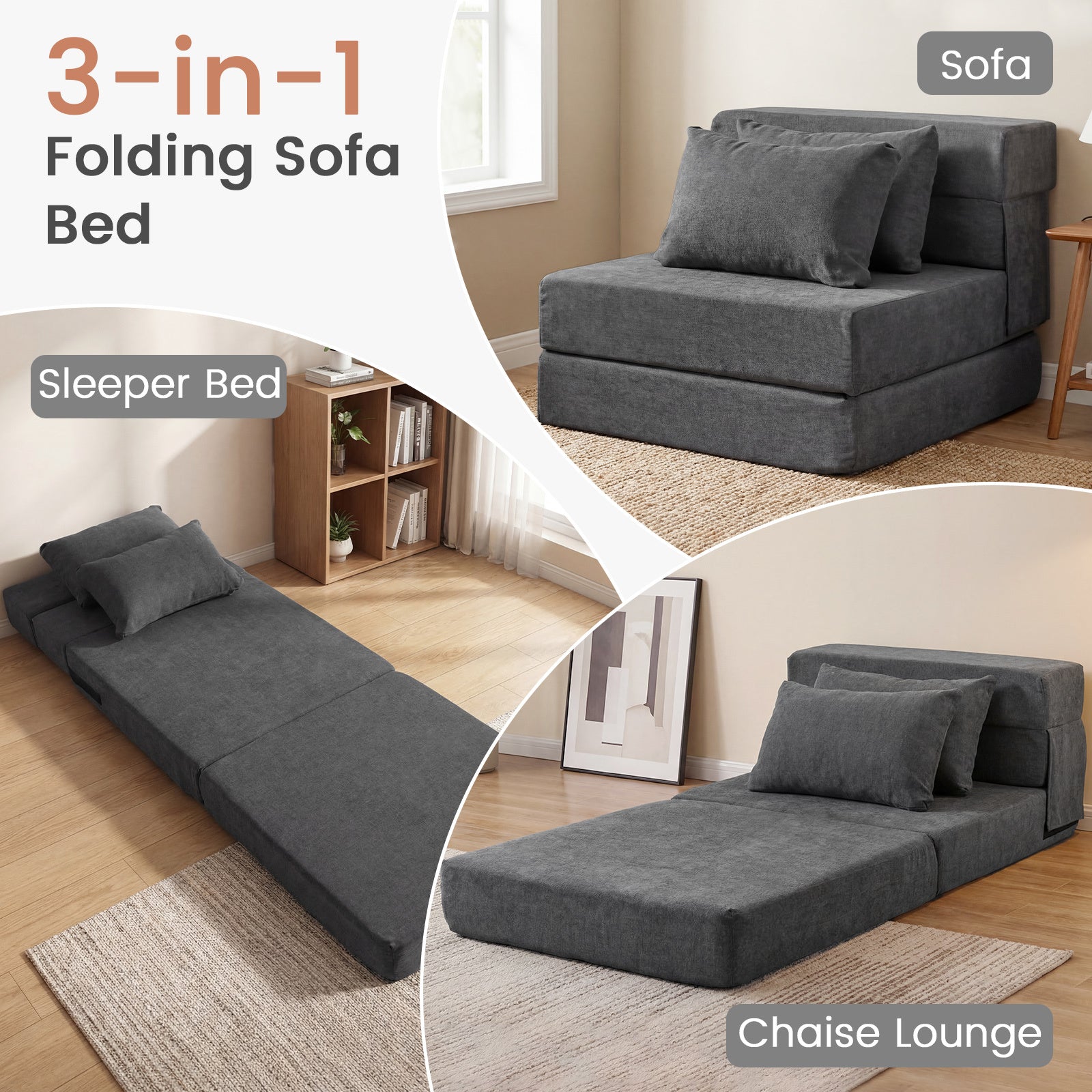 Folding Sofa Bed 3-in-1 Convertible Sleeper Chair with Pillows-Grey