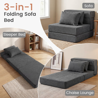 Folding Sofa Bed 3-in-1 Convertible Sleeper Chair with Pillows-Grey