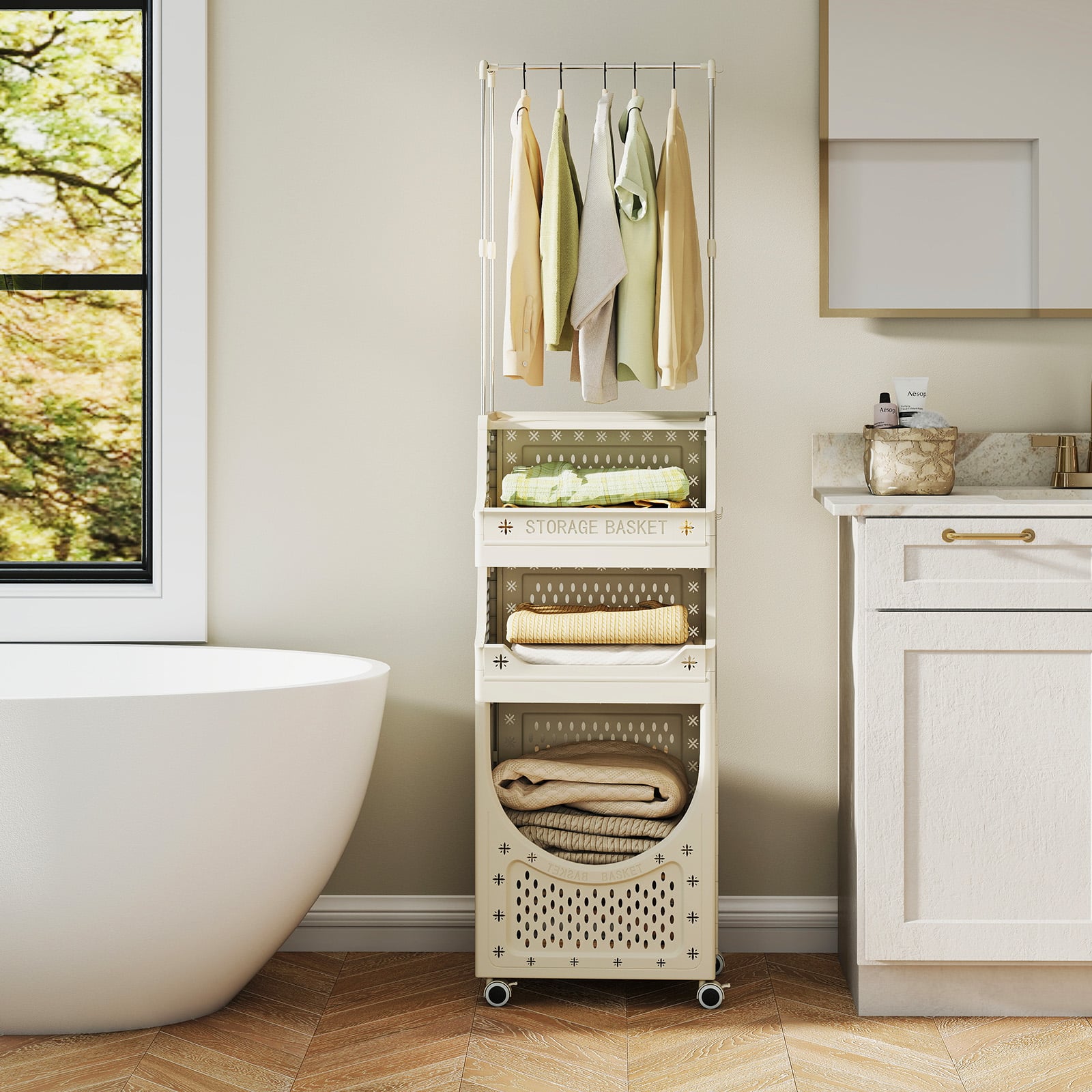 2-in-1 3/4-Tier Laundry Cart with Hanging Bar and Lockable Wheels-4-Tier-Beige