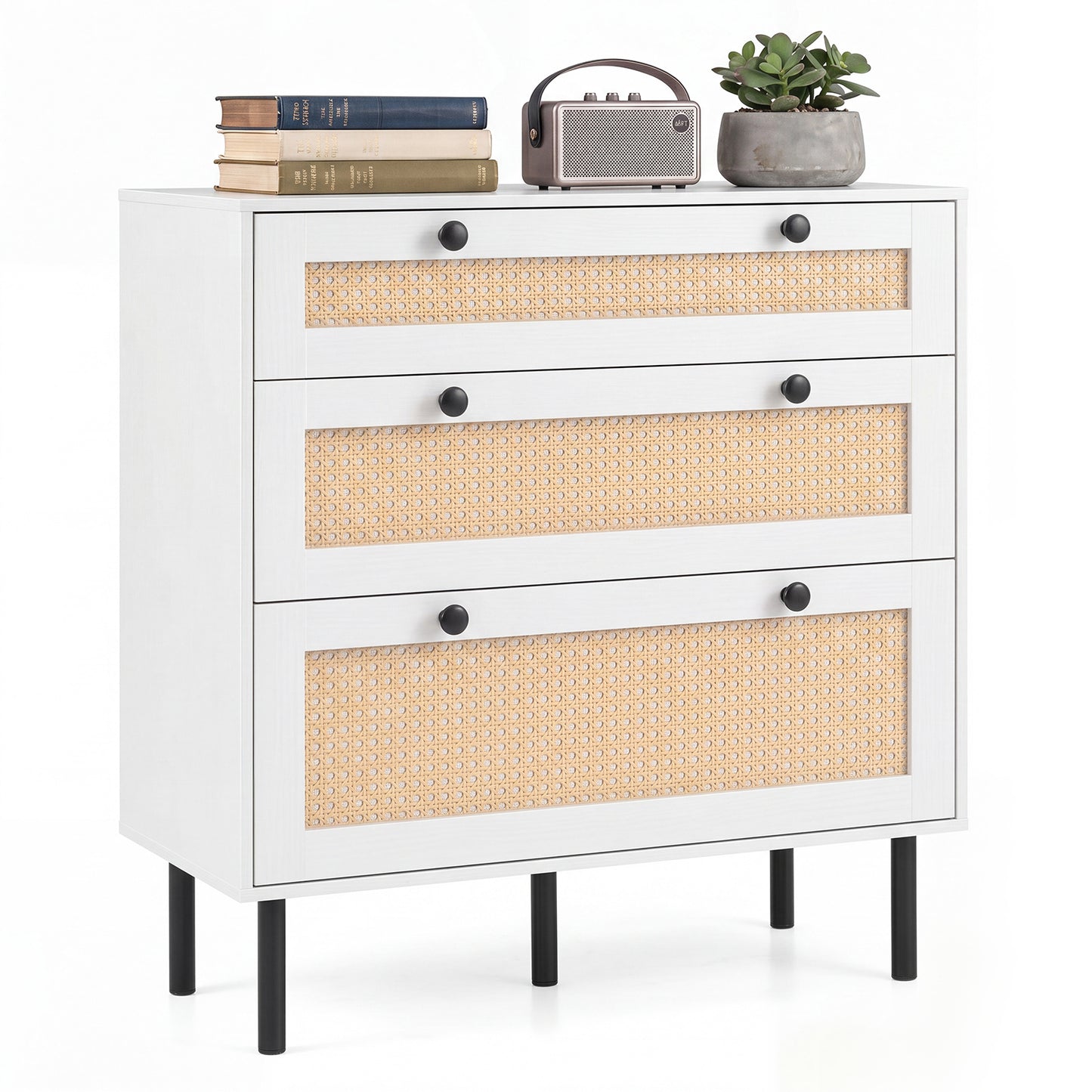 Dresser with 3 Drawers and Rattan Design and 5 Metal Legs for Bedroom-White