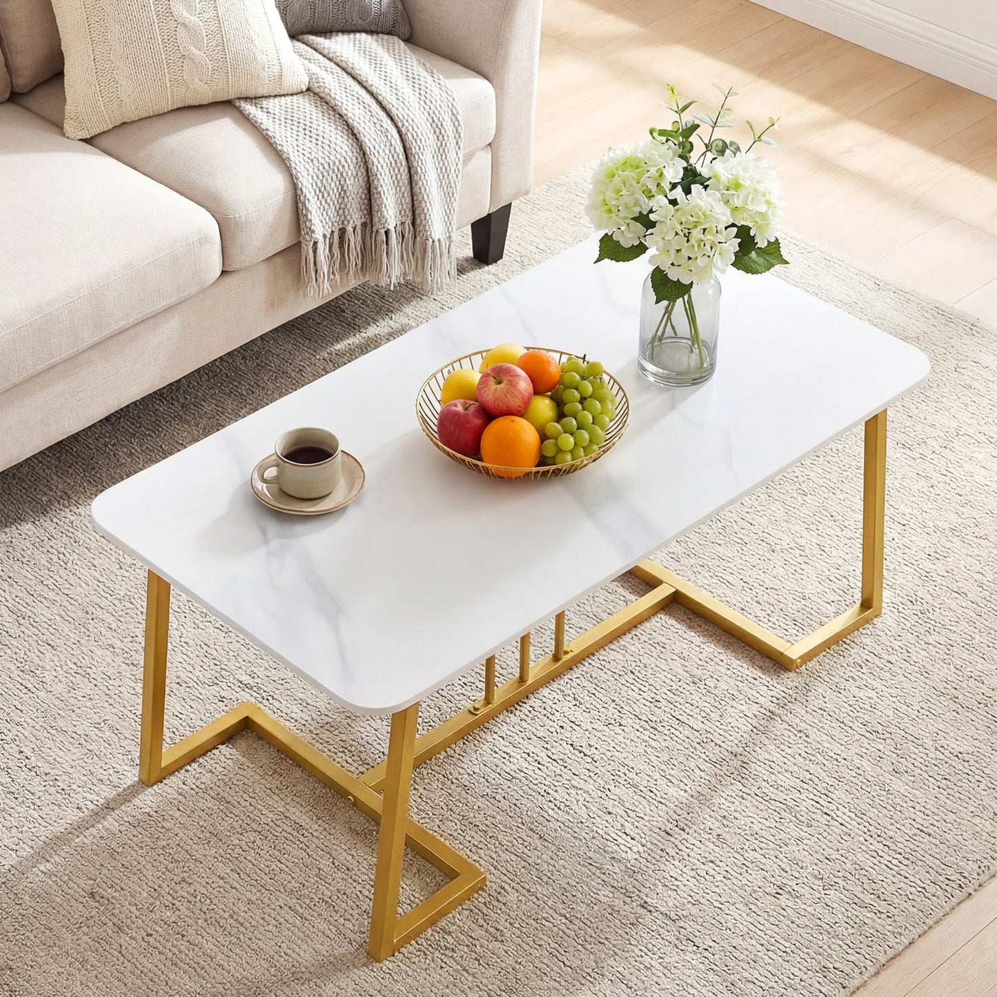 Faux Marble Rectangular Center Table with Heavy-Duty Metal frame-White