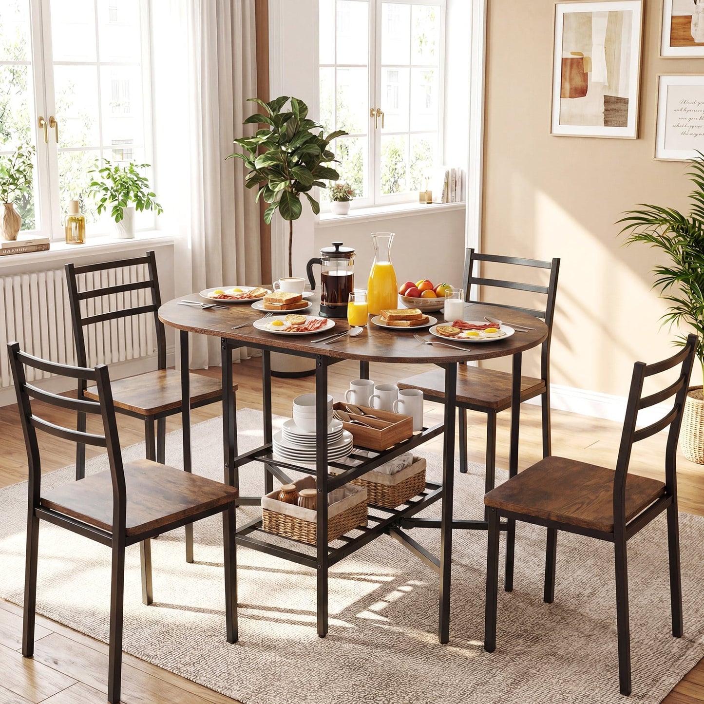 Oval dining table with 2 folding side panels and a metal frame for 4 people-Rustic Brown