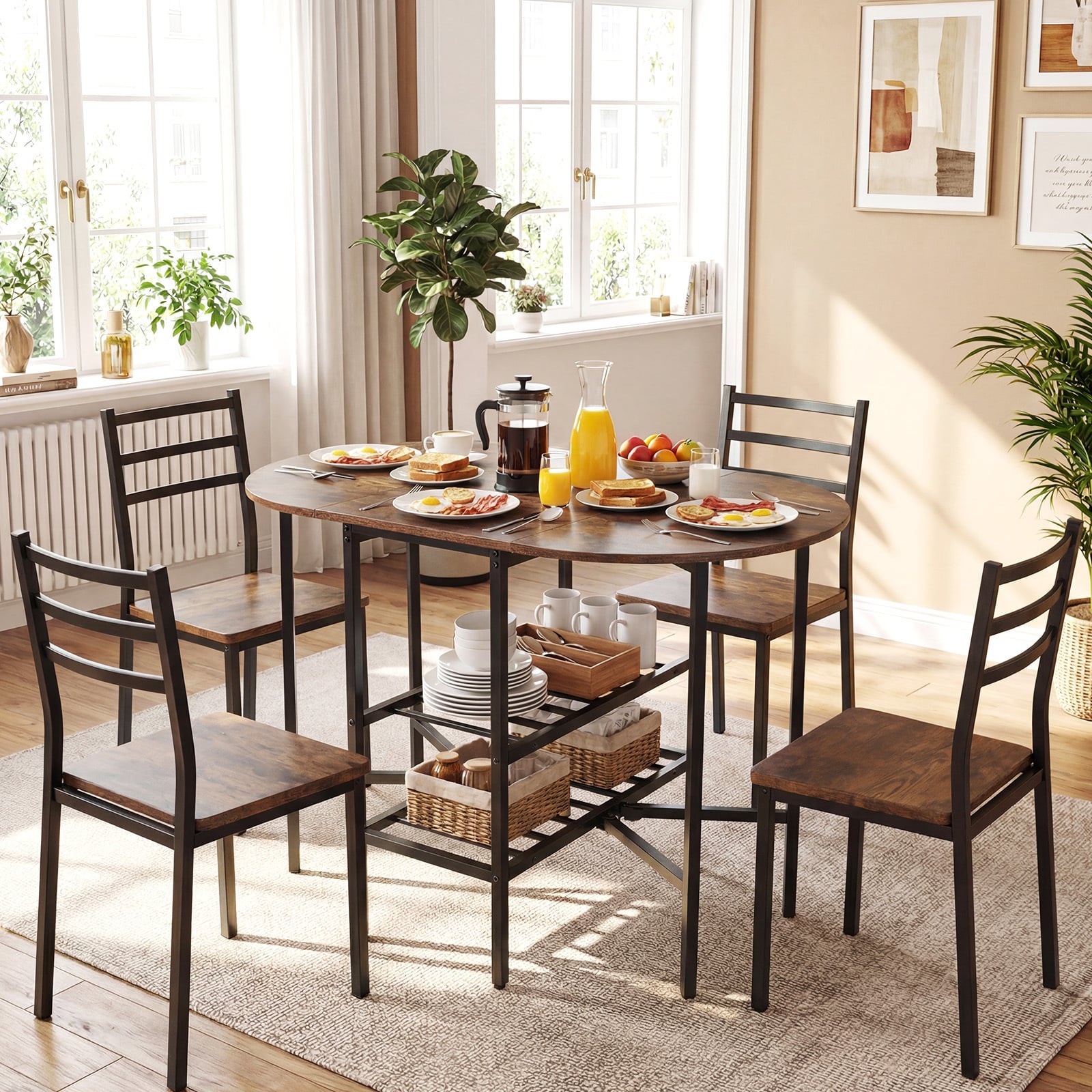Oval dining table with 2 folding side panels and a metal frame for 4 people-Rustic Brown