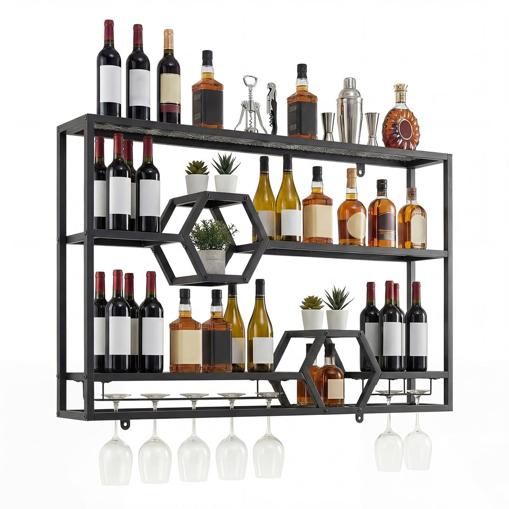 3-Tier Metal Wall Mounted Wine Rack with Glass Holder for Home Bar-Black