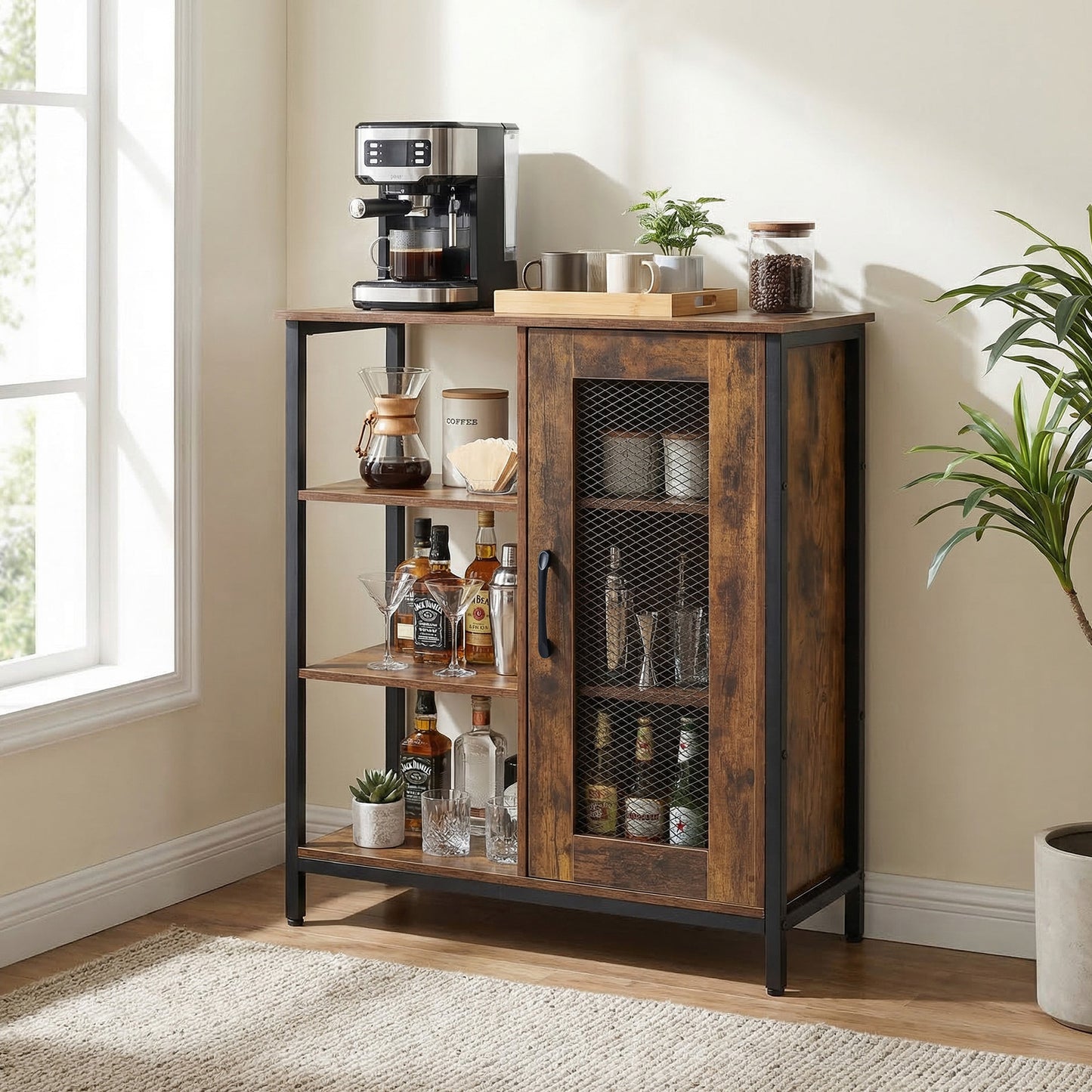 Buffet Cabinet with Adjustable Shelves and Carbon Steel Frame for Living Room-Rustic Brown