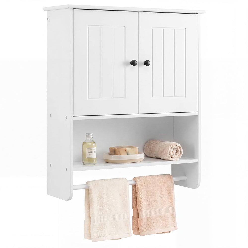 Bathroom Wall Cabinet with 2 Doors Open Shelf and Towel Bar-White