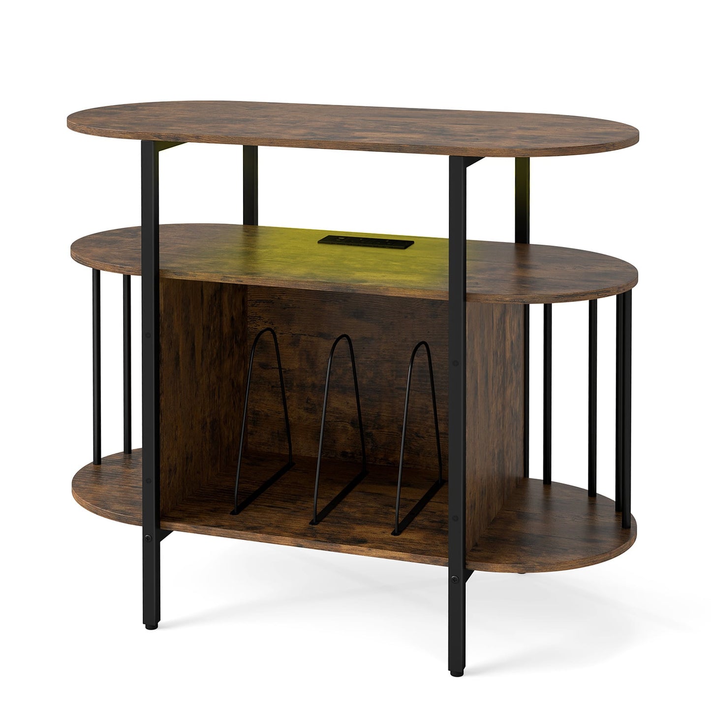 Large Record Player Stand w/LED Lights Charging Station & Display Shelves for Music Corner-Rustic Brown