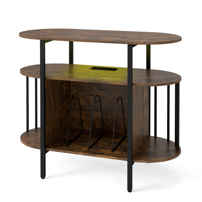 Large Record Player Stand w/LED Lights Charging Station & Display Shelves for Music Corner-Rustic Brown