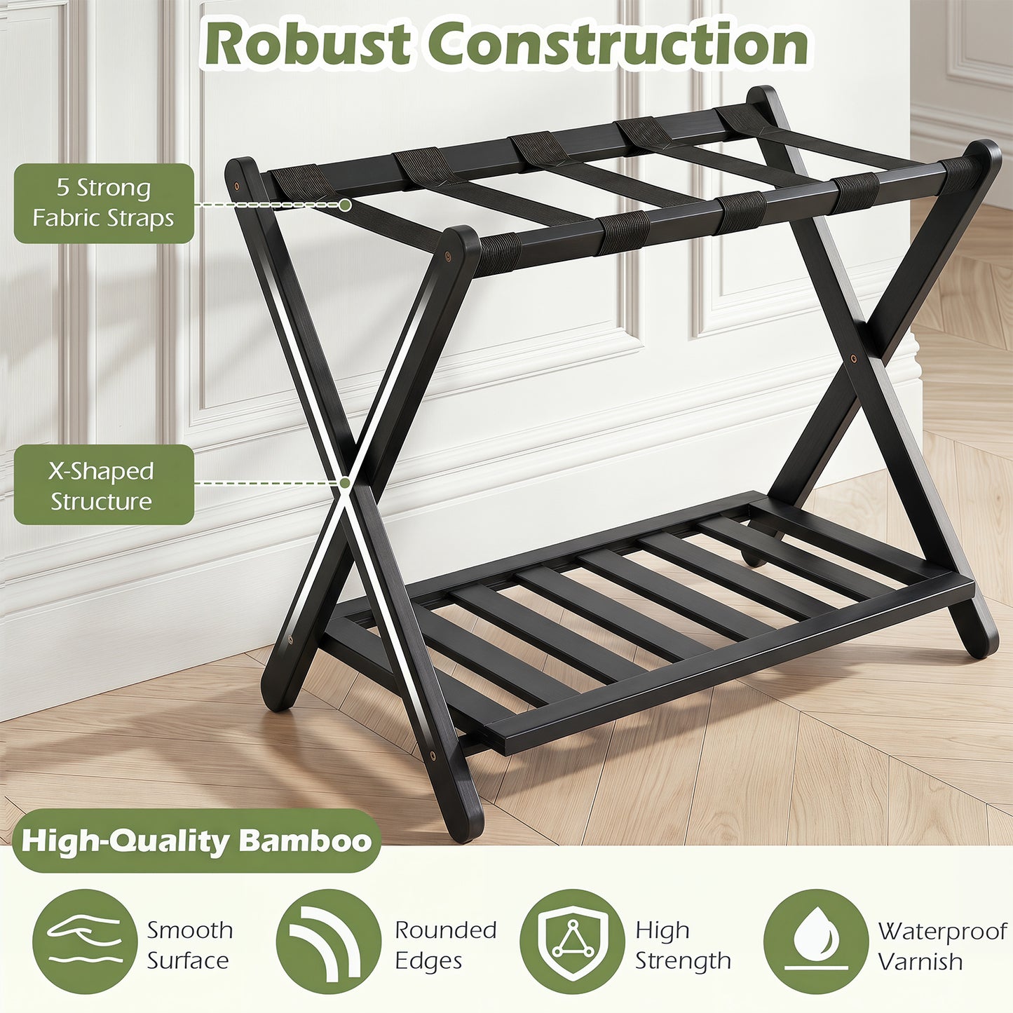 Bamboo Folding Luggage Rack with Straps and Storage Shelves for Guest Room-Black