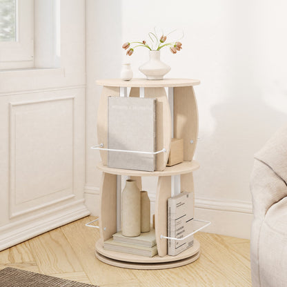360° Spinning Rotating Bookshelf Tower with Display Stands and Side Rails-Oak