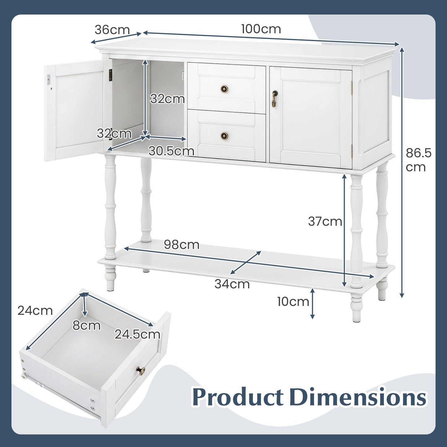 Console Table with 2 Drawers and 2 Door Cabinets for Entryway-White