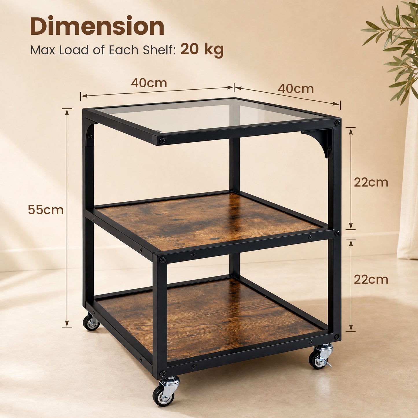 Set of 1 3‑Tier Mobile Side Table with Glass Top Rolling Open‑Corner Table-Rustic Brown