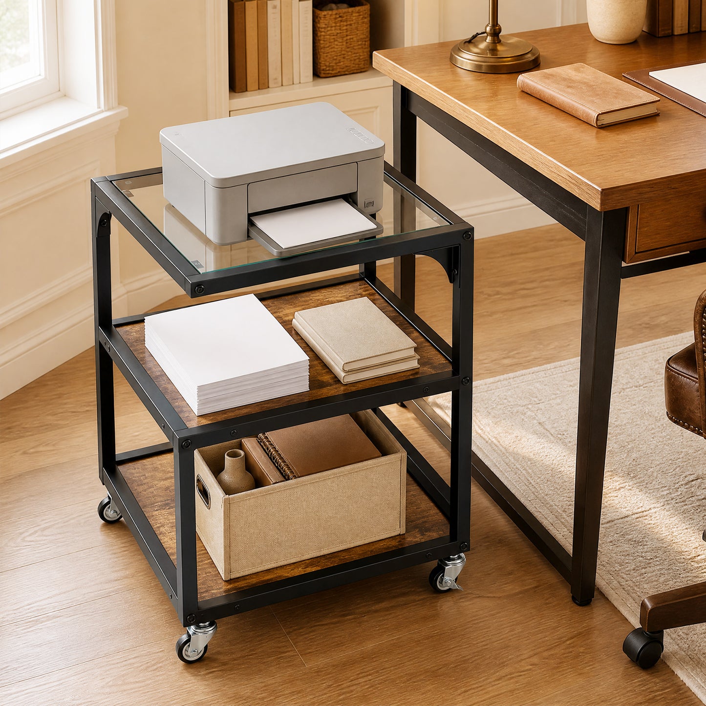 Set of 1 3‑Tier Mobile Side Table with Glass Top Rolling Open‑Corner Table-Rustic Brown