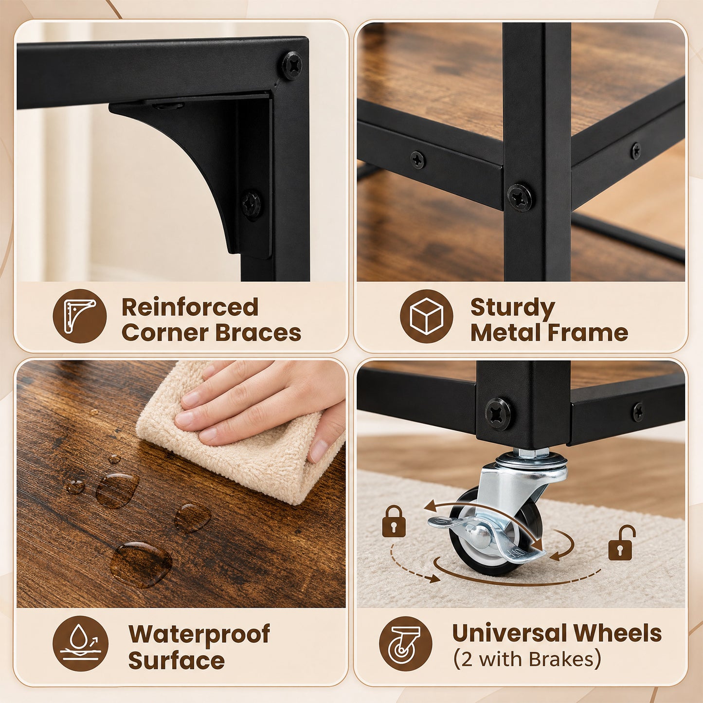 Set of 1 3‑Tier Mobile Side Table with Glass Top Rolling Open‑Corner Table-Rustic Brown