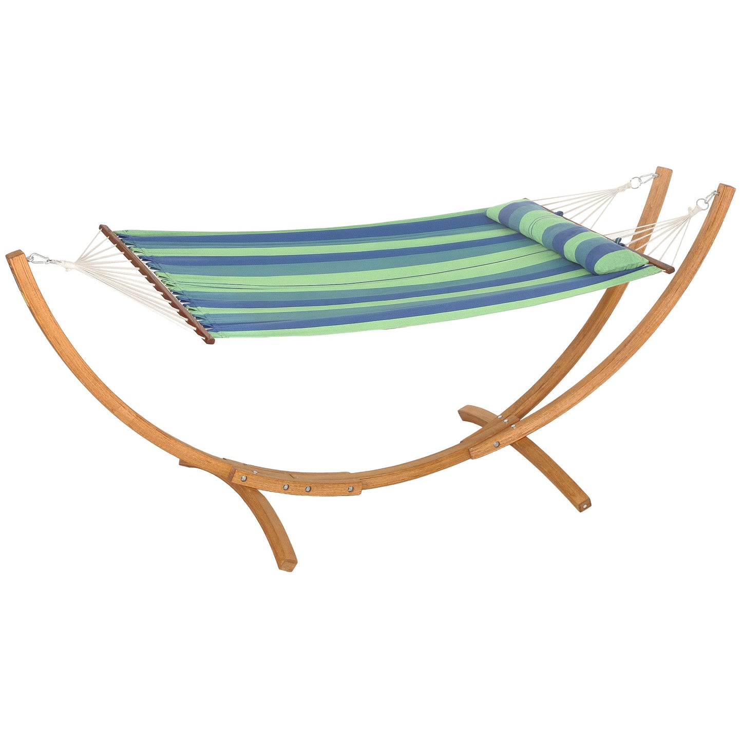 Outsunny Outdoor Hammock with Stand, Garden Hammock with Triple-Head Eucalyptus Wood Arc Frame, 1 Person Cotton Bed and Head Pillow, Freestanding Garden Swing Bed for Patio, Blue Stripe