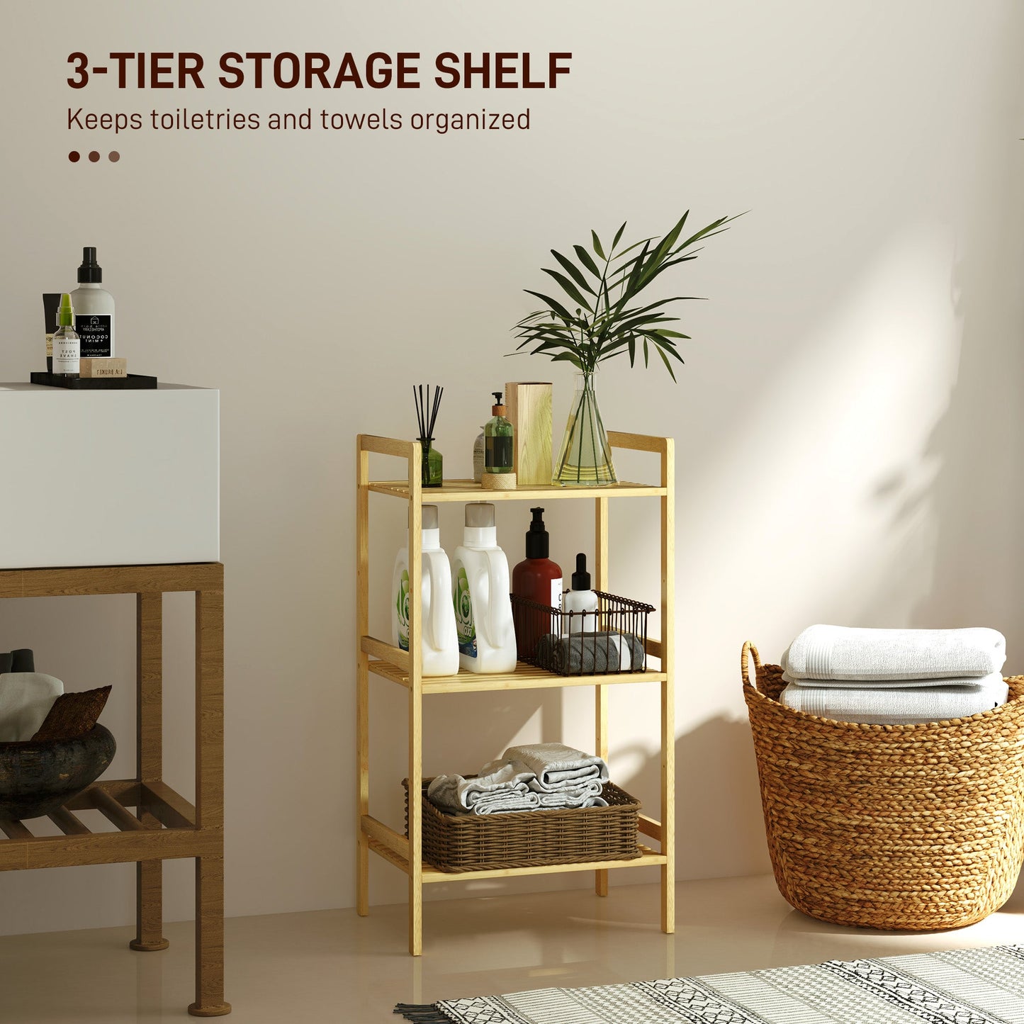 HOMCOM Three-Tier Bamboo Adjustable Shelf Storage Unit