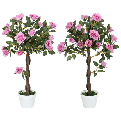 Outsunny Set of 2 Artificial Plants White Rose Floral in Pot, Fake Plants for Home Indoor Decor, 90cm, Purple