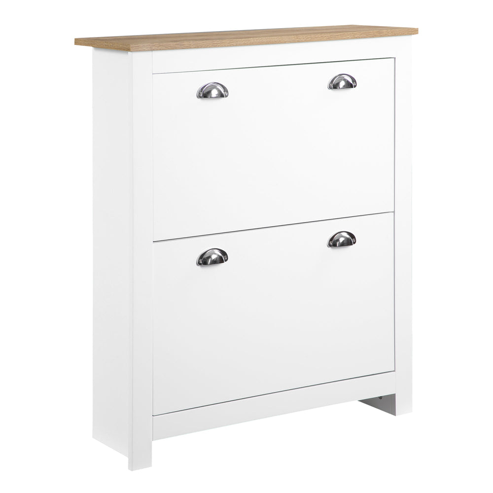 HOMCOM 2 Drawer Shoe Cabinet Modern Narrow Shoe Cupboard Hallway Wooden Storage Organiser with Flip Doors Adjustable Shelf for 6-12 Pairs, White