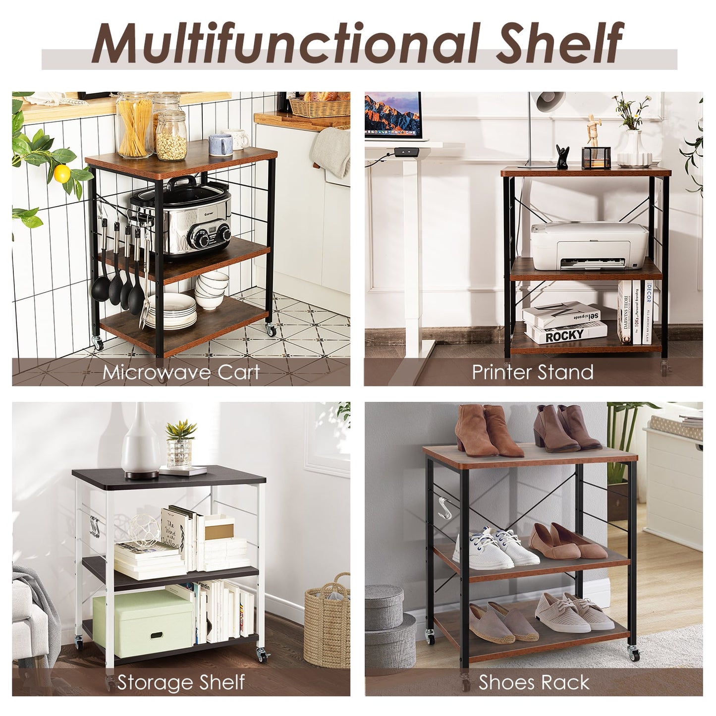 3 Tier Rolling Kitchen Baker's Rack with Adjustable Shelf and Hooks-Rustic Brown