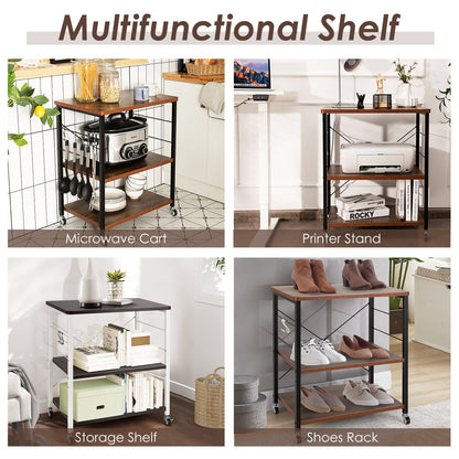 3 Tier Rolling Kitchen Baker's Rack with Adjustable Shelf and Hooks-Rustic Brown