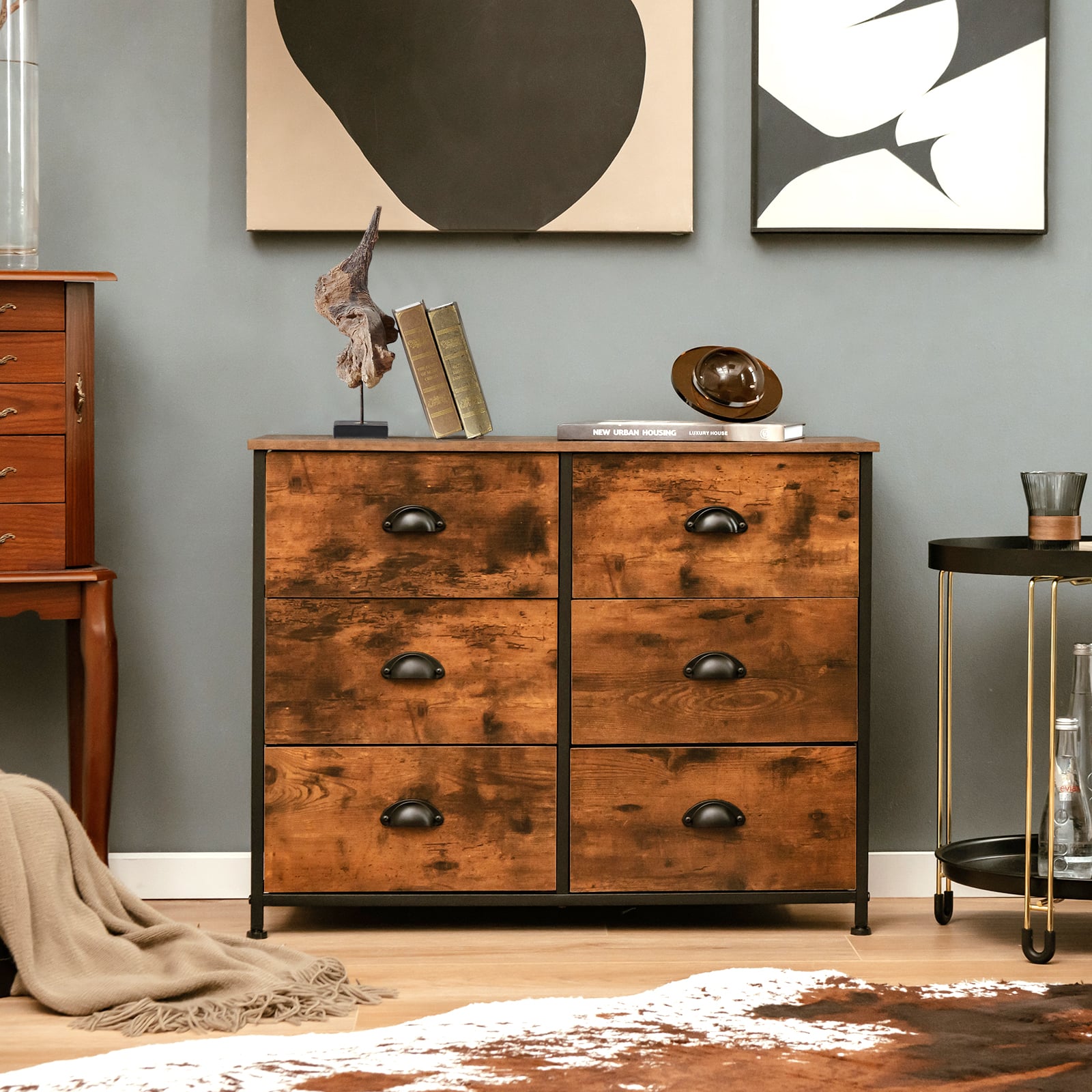 Dresser with 6 Foldable Fabric Drawers Living Room Bedroom-Rustic Brown