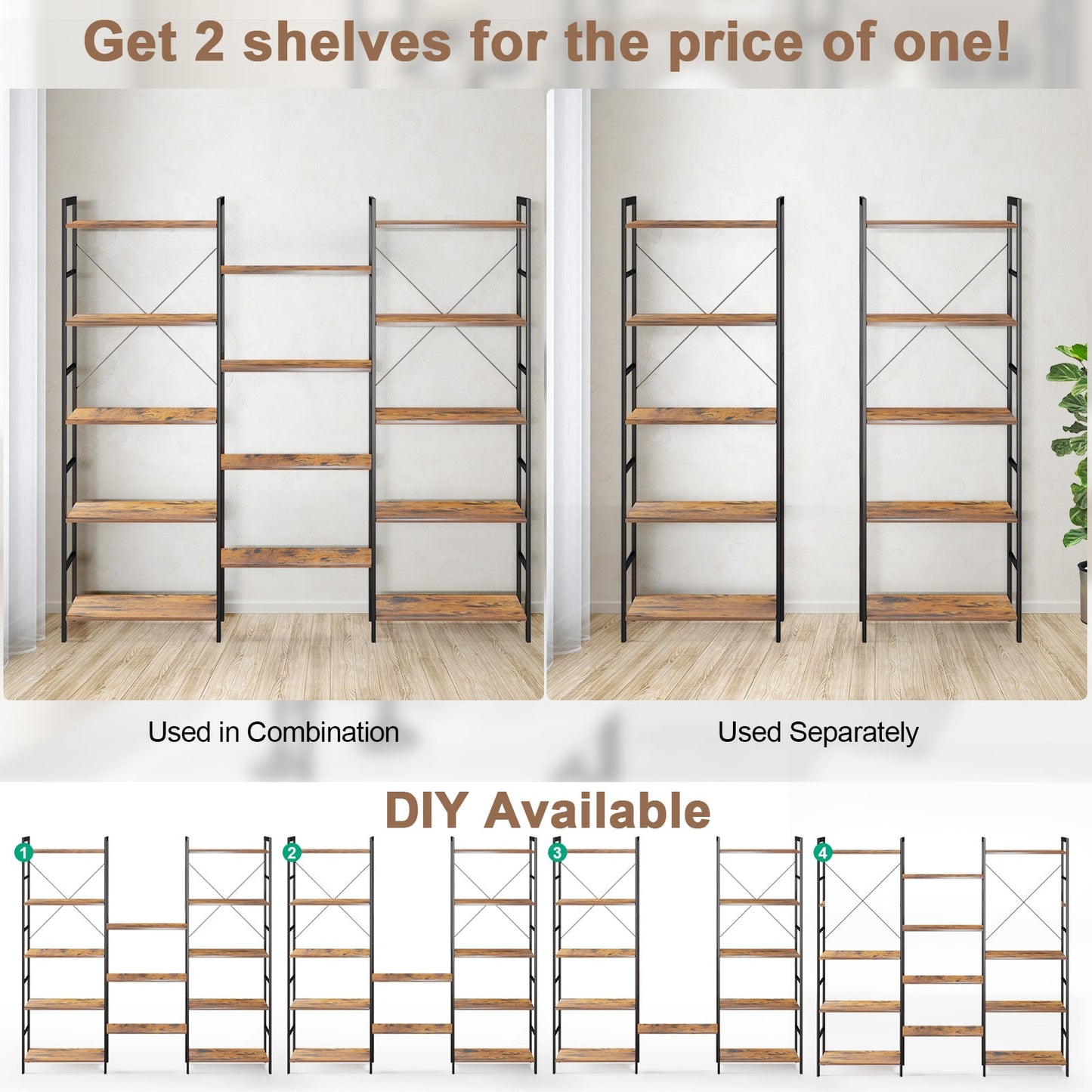 5-Tier Industrial Bookshelf with 14 Open Shelves for Home Office-Brown