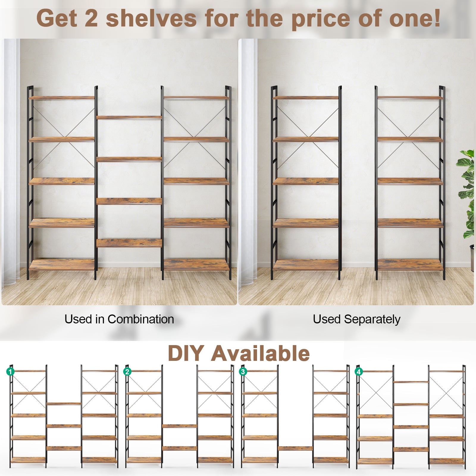 5-Tier Industrial Bookshelf with 14 Open Shelves for Home Office-Brown