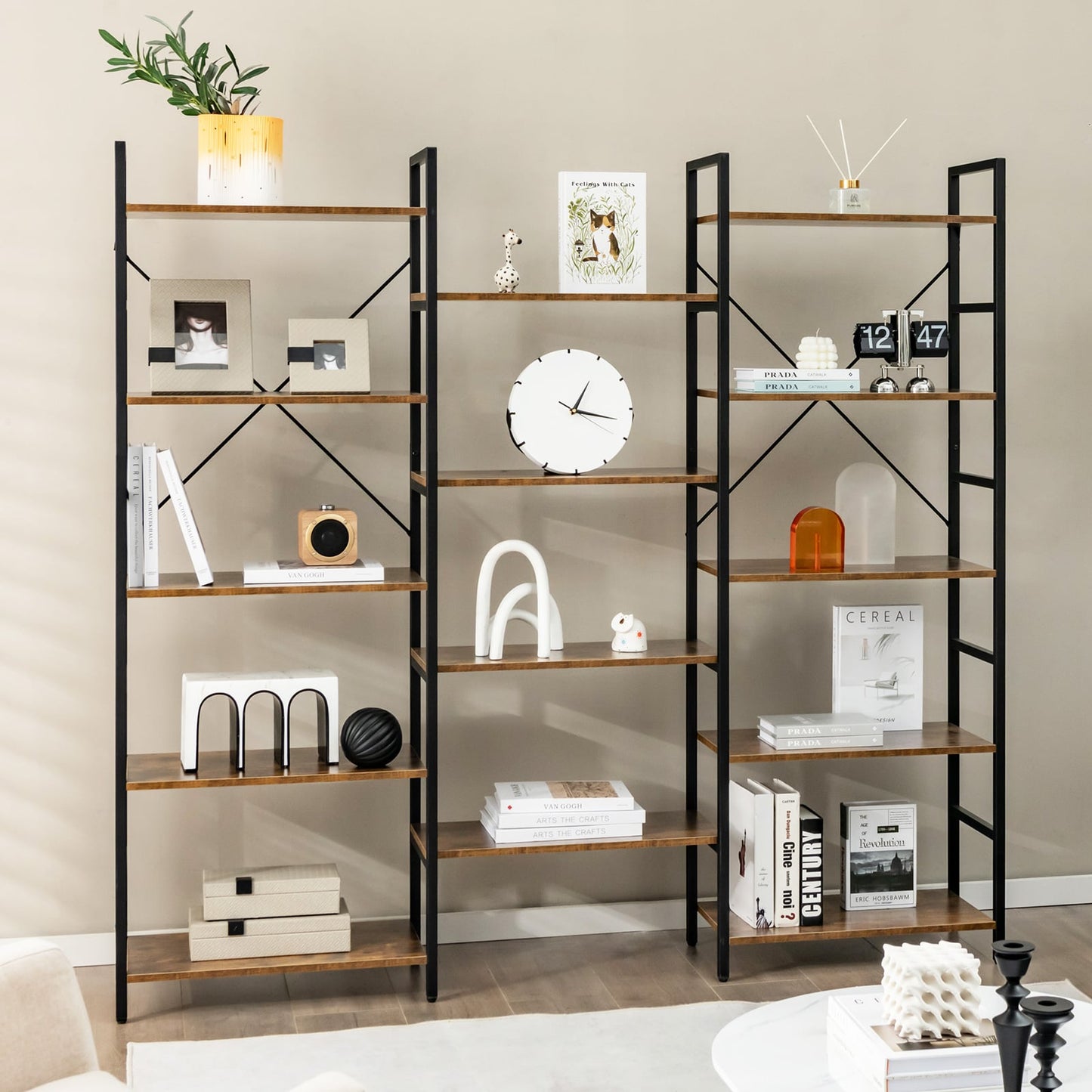 5-Tier Industrial Bookshelf with 14 Open Shelves for Home Office-Brown