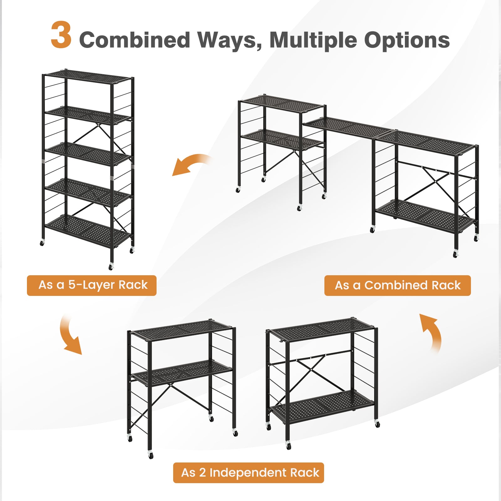 5-Tier Folding Storage Shelves with Adjustable Shelves and Wheels-Black