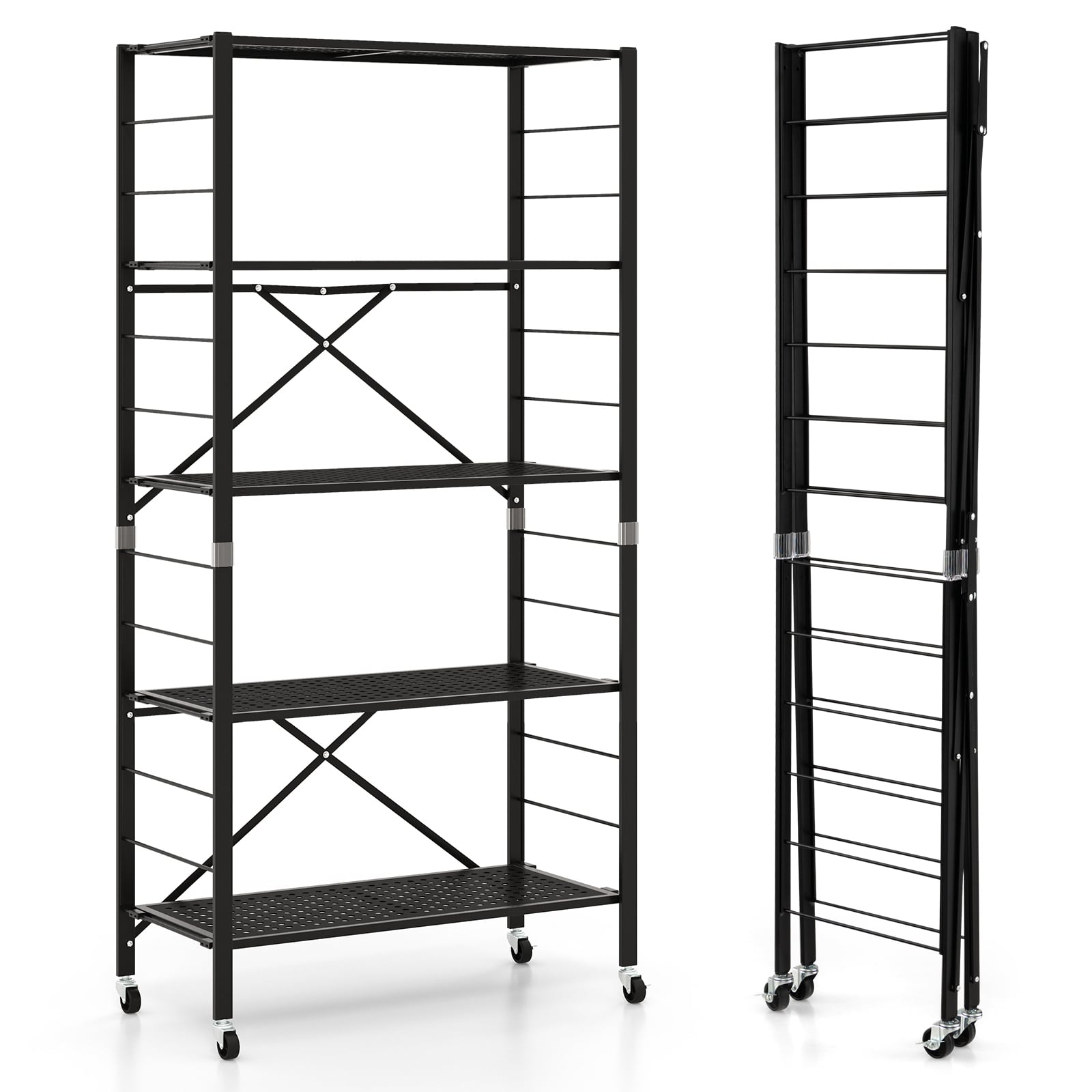 5-Tier Folding Storage Shelves with Adjustable Shelves and Wheels-Black