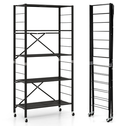 5-Tier Folding Storage Shelves with Adjustable Shelves and Wheels-Black