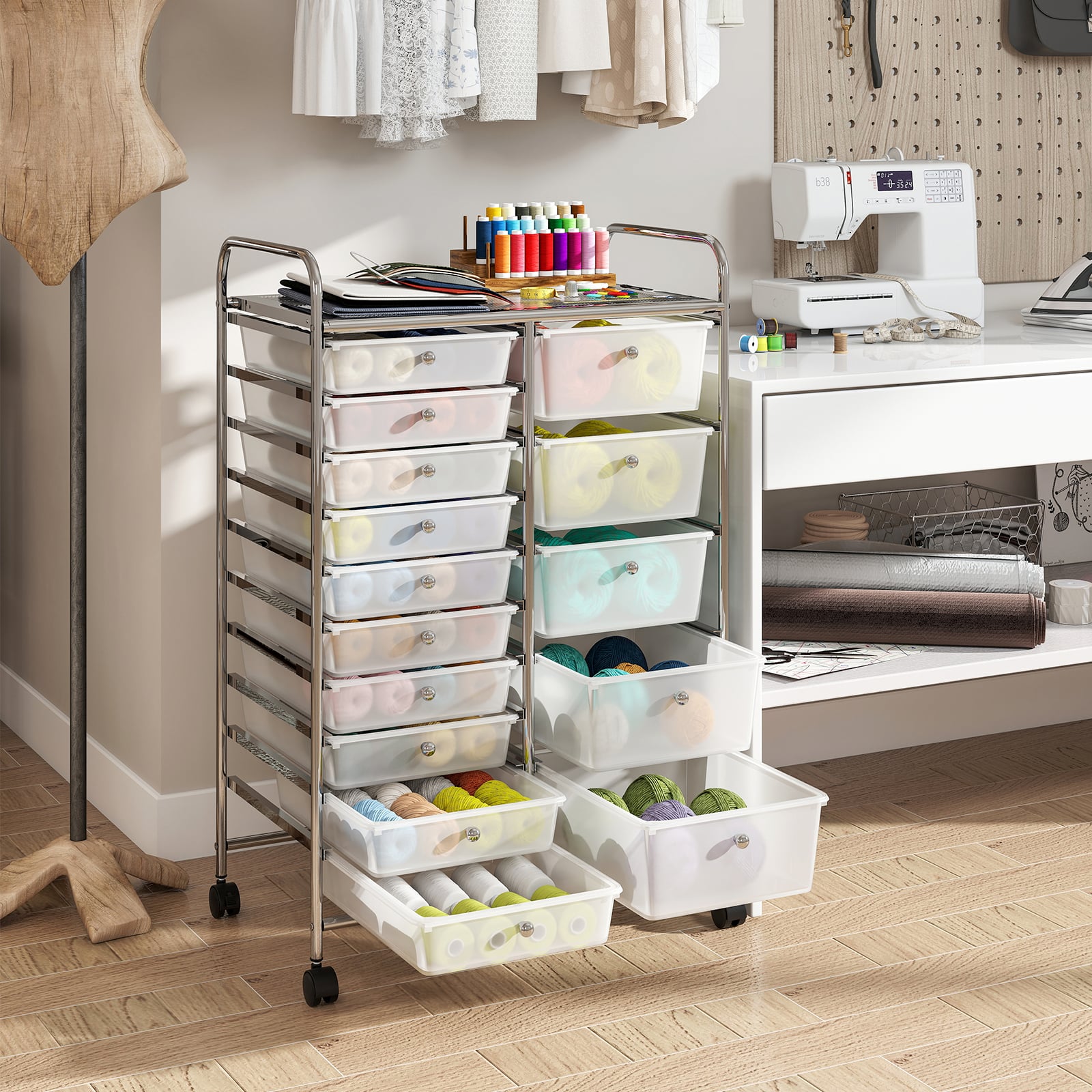 15-Drawer Rolling Storage Cart with Lockable Wheels and Removable Drawers-White