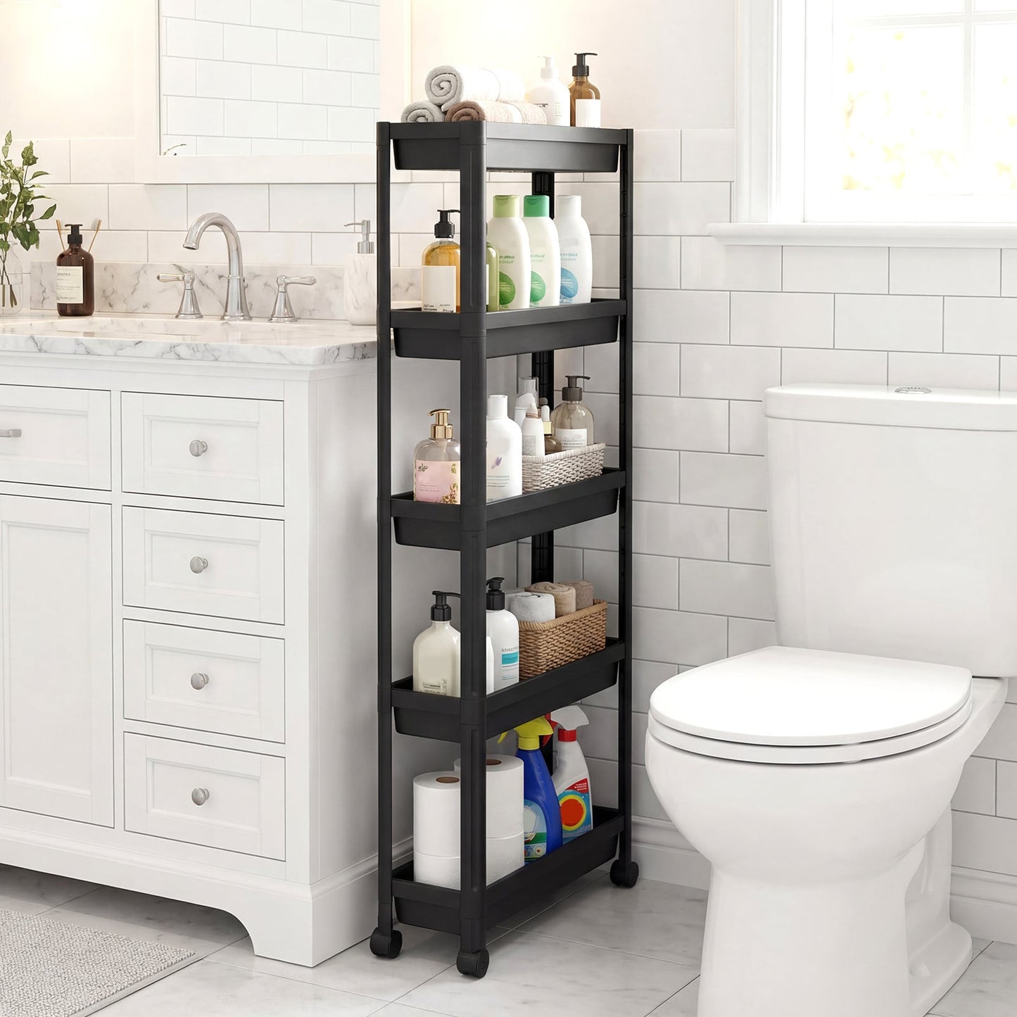 5-Tier Slim Rolling Storage Cart with Smooth Wheels for Kitchen-Black