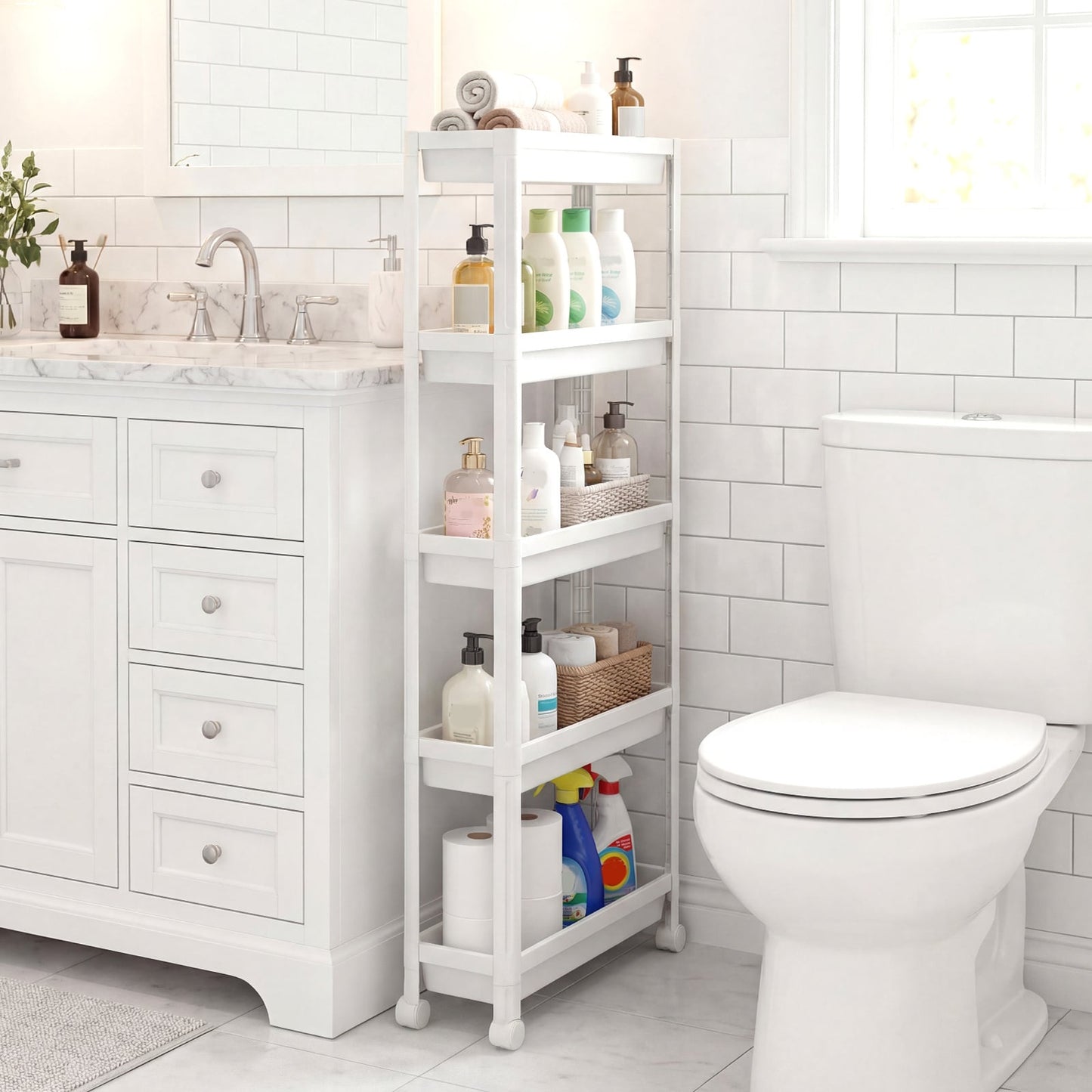 5-Tier Slim Rolling Storage Cart with Smooth Wheels for Kitchen-White