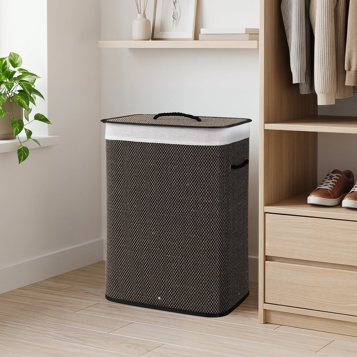 72 L Capacity Bamboo Laundry Hamper with Lid and Removable Liner for Bedroom-Black