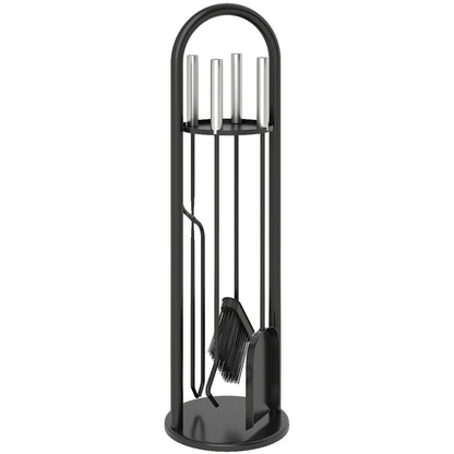 Outsunny 5 Pieces Fireplace Tools Set, Metal Fireplace Accessories Fireside Companion Set with Broom, Shovel, Poker and Bucket, Silver