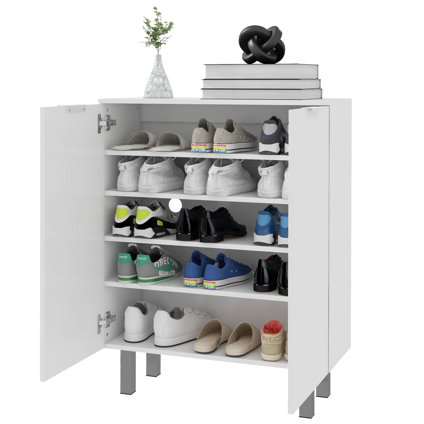 Narrow Shoe Storage Cabinet with Soft-Close Hinges and Adjustable Shelves for 15-20 Pairs of Shoes, High Gloss