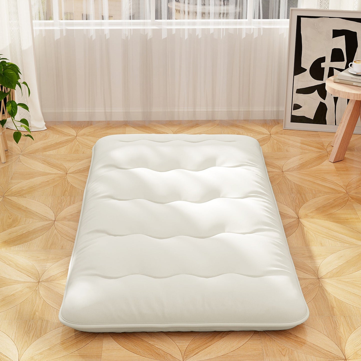 Japanese Floor Mattress with Washable Cover and Carry Bag-Beige-Compact Double
