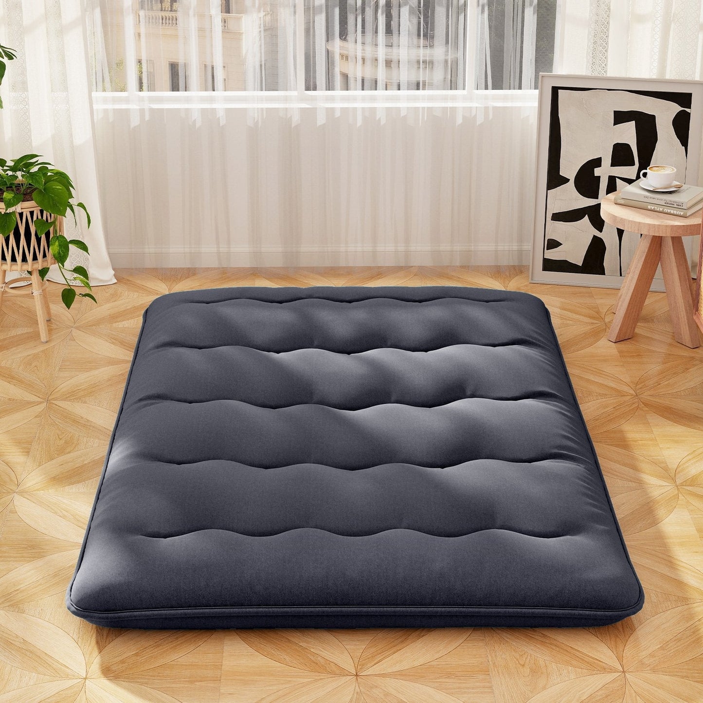 Japanese Floor Mattress with Washable Cover and Carry Bag-Black-Double Size