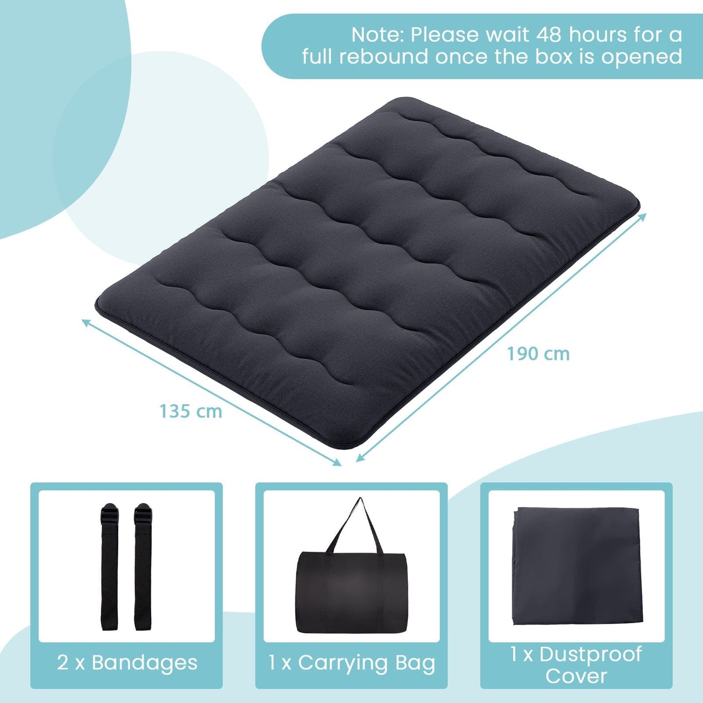 Japanese Floor Mattress with Washable Cover and Carry Bag-Black-Double Size