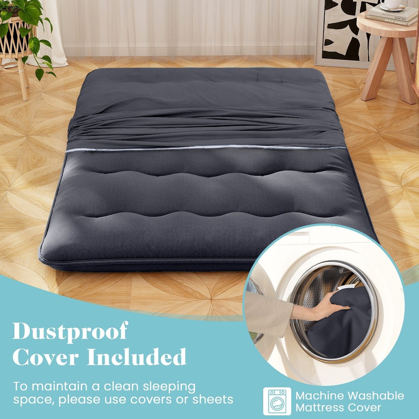 Japanese Floor Mattress with Washable Cover and Carry Bag-Black-Double Size
