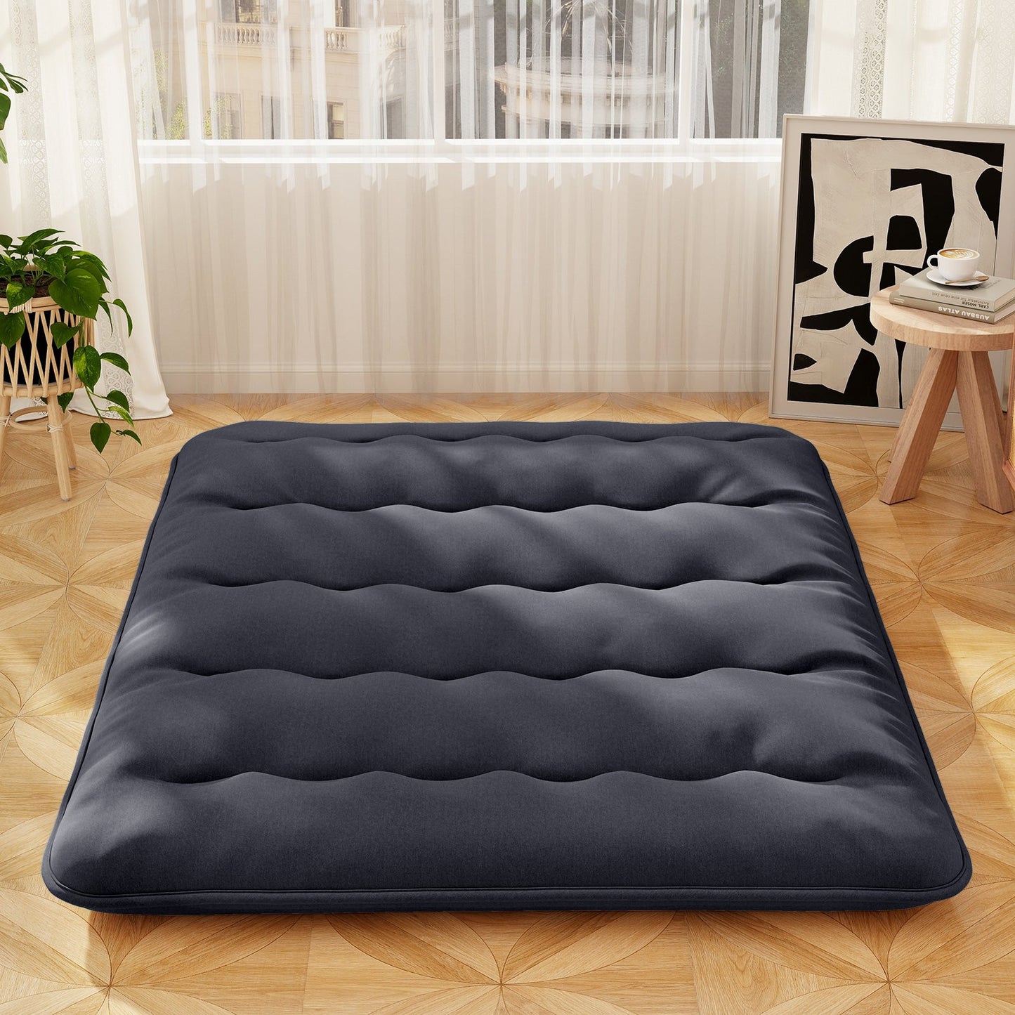 Japanese Floor Mattress with Washable Cover and Carry Bag-Black-King Size