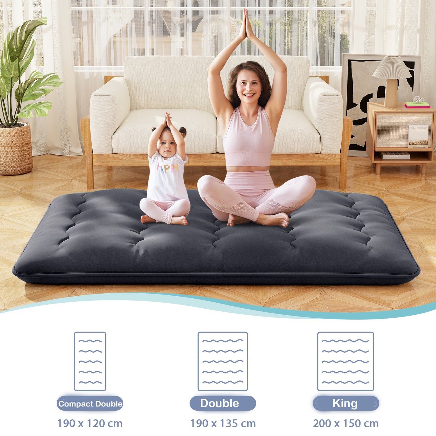 Japanese Floor Mattress with Washable Cover and Carry Bag-Black-Compact Double