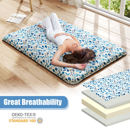 Japanese Floor Mattress with Washable Cover and Carry Bag-Blue & White-Compact Double