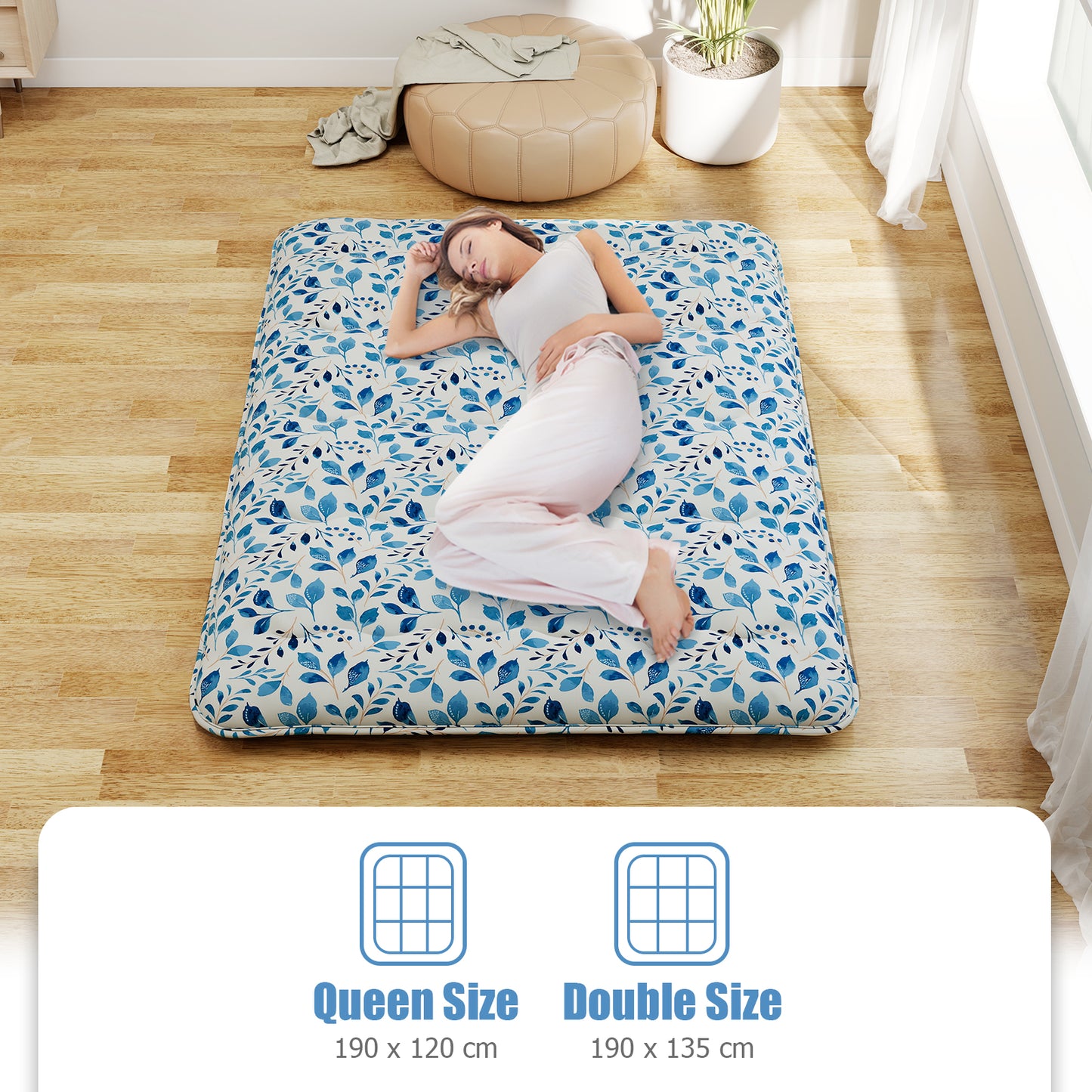 Japanese Floor Mattress with Washable Cover and Carry Bag-Blue & White-Compact Double